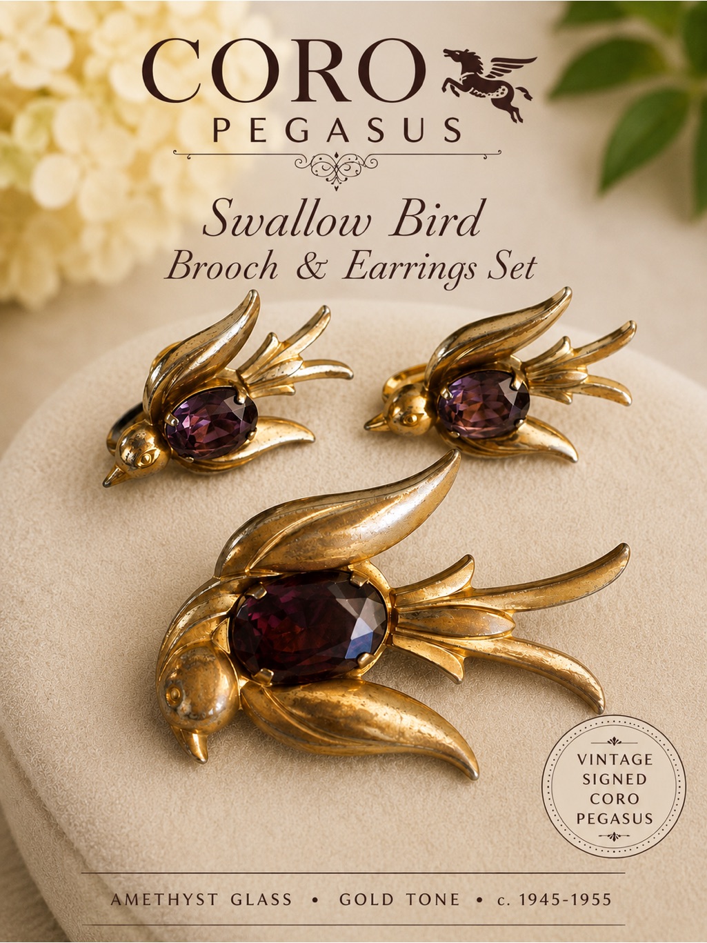 Vintage Coro Pegasus Swallow Bird Brooch & Matching Earrings | Amethyst Glass